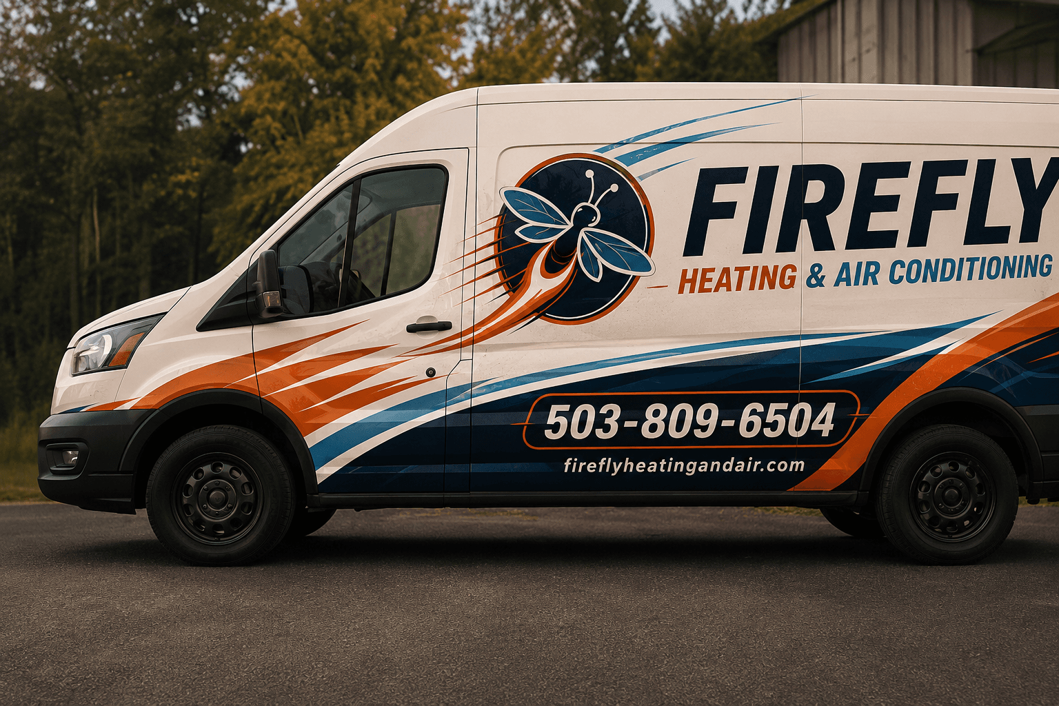 Firefly Heating & Air Conditioning branded service van driving through the service area.